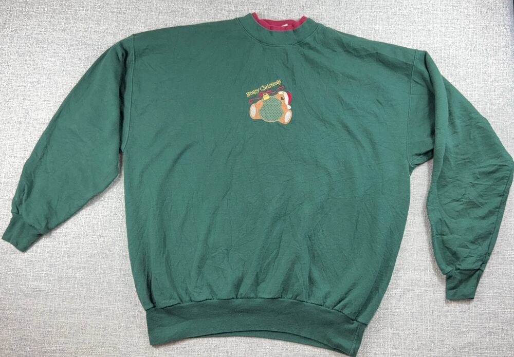 Beary Christmas Teddy Bear Sweatshirt Adult XL Green Embroidered Applique Hanes